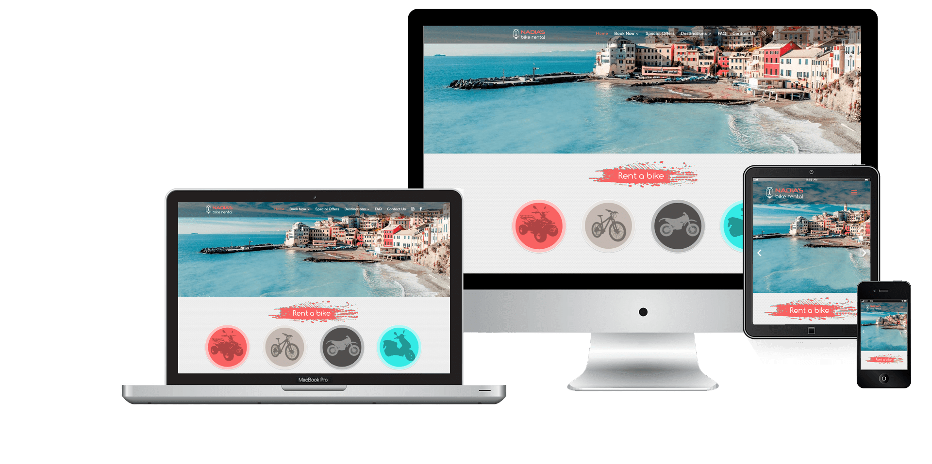 Naidas bike rentals website on desktop, laptop, tablet and mobile