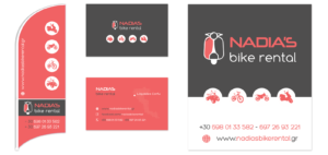 Business cards and road signs for Nadias bike rentals